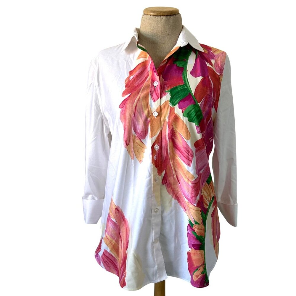 Chicos Womens Sz 6 Button Down Shirt White Floral Leaf Print Cotton Blend